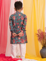 Boys Blue Festive Printed Full Sleeves Kurta with Pyjama