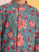 Boys Blue Festive Printed Full Sleeves Kurta with Pyjama