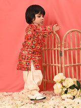 Boys Red Festive Printed Full Sleeves Kurta with Patiala