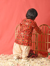 Boys Red Festive Printed Full Sleeves Kurta with Patiala