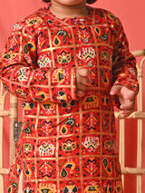 Boys Red Festive Printed Full Sleeves Kurta with Patiala