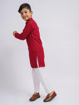 Boys Red Rayon Schifli Embroidered Kurta with White Pyjama Set