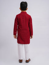 Boys Red Rayon Schifli Embroidered Kurta with White Pyjama Set