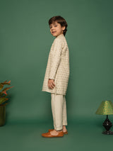 Boys Beige Rayon Schifli Embroidered Kurta with Cream Pyjama Set