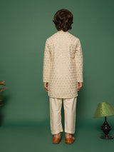 Boys Beige Rayon Schifli Embroidered Kurta with Cream Pyjama Set