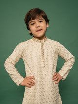 Boys Beige Rayon Schifli Embroidered Kurta with Cream Pyjama Set
