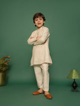 Boys Beige Rayon Schifli Embroidered Kurta with Cream Pyjama Set