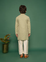 Boys Green Rayon Schifli Embroidered Kurta with Cream Pyjama Set