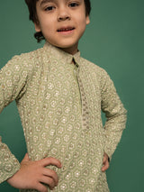 Boys Green Rayon Schifli Embroidered Kurta with Cream Pyjama Set