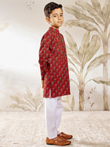 Boys Red Cotton Floral Printed Pintuck Kurta with White Pyjama Set