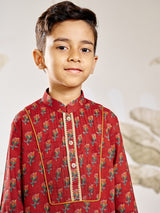 Boys Red Cotton Floral Printed Pintuck Kurta with White Pyjama Set