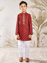 Boys Red Cotton Floral Printed Pintuck Kurta with White Pyjama Set