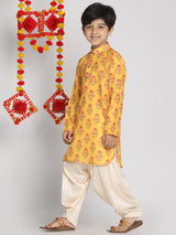 Boys Yellow Festive Printed Full Sleeves Kurta with Patiala