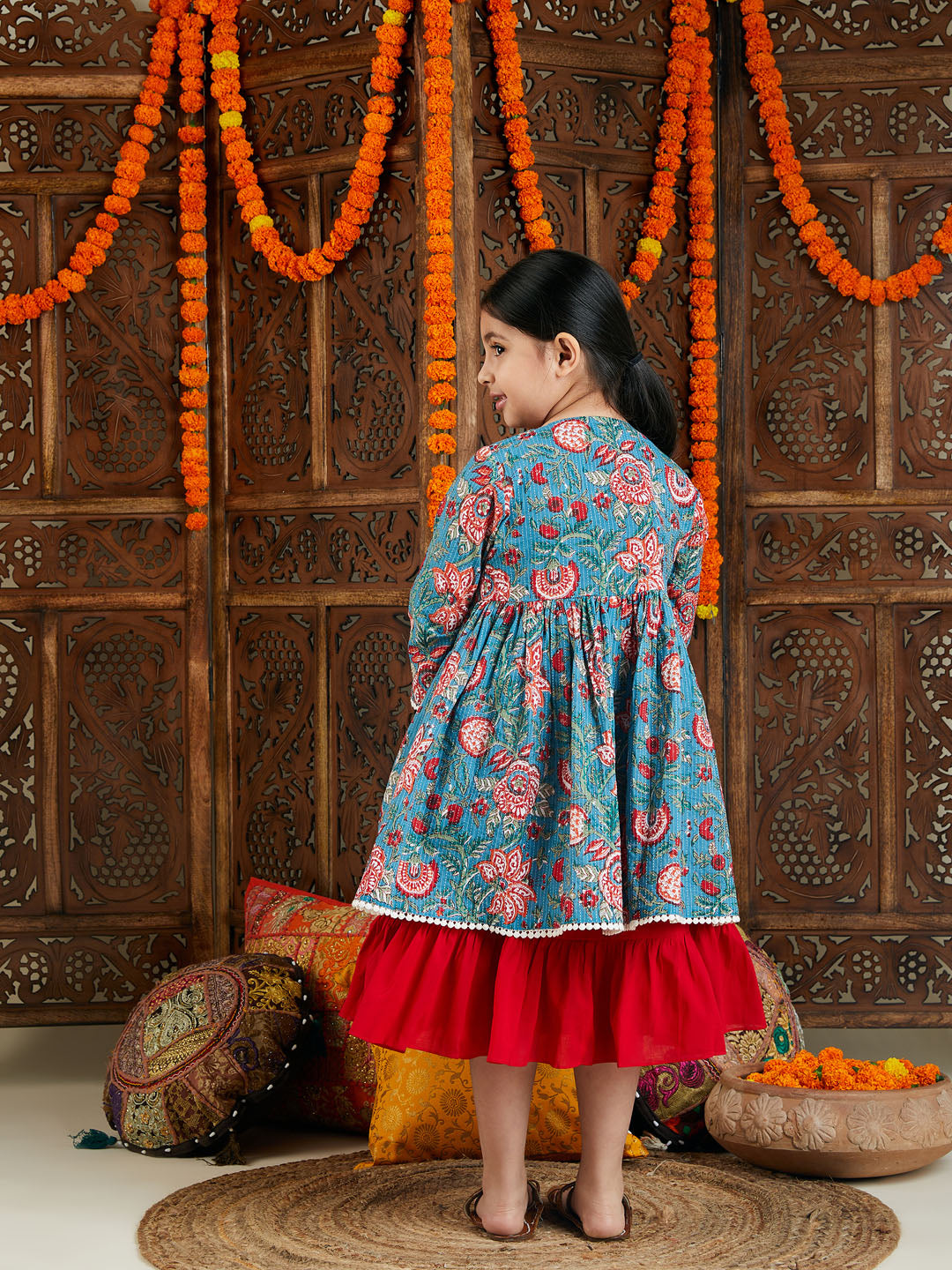 Girls Red Printed Kantha Work Cotton Dress With jacket