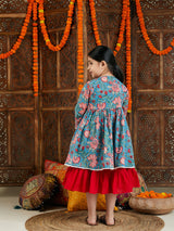 Girls Red Printed Kantha Work Cotton Dress With jacket