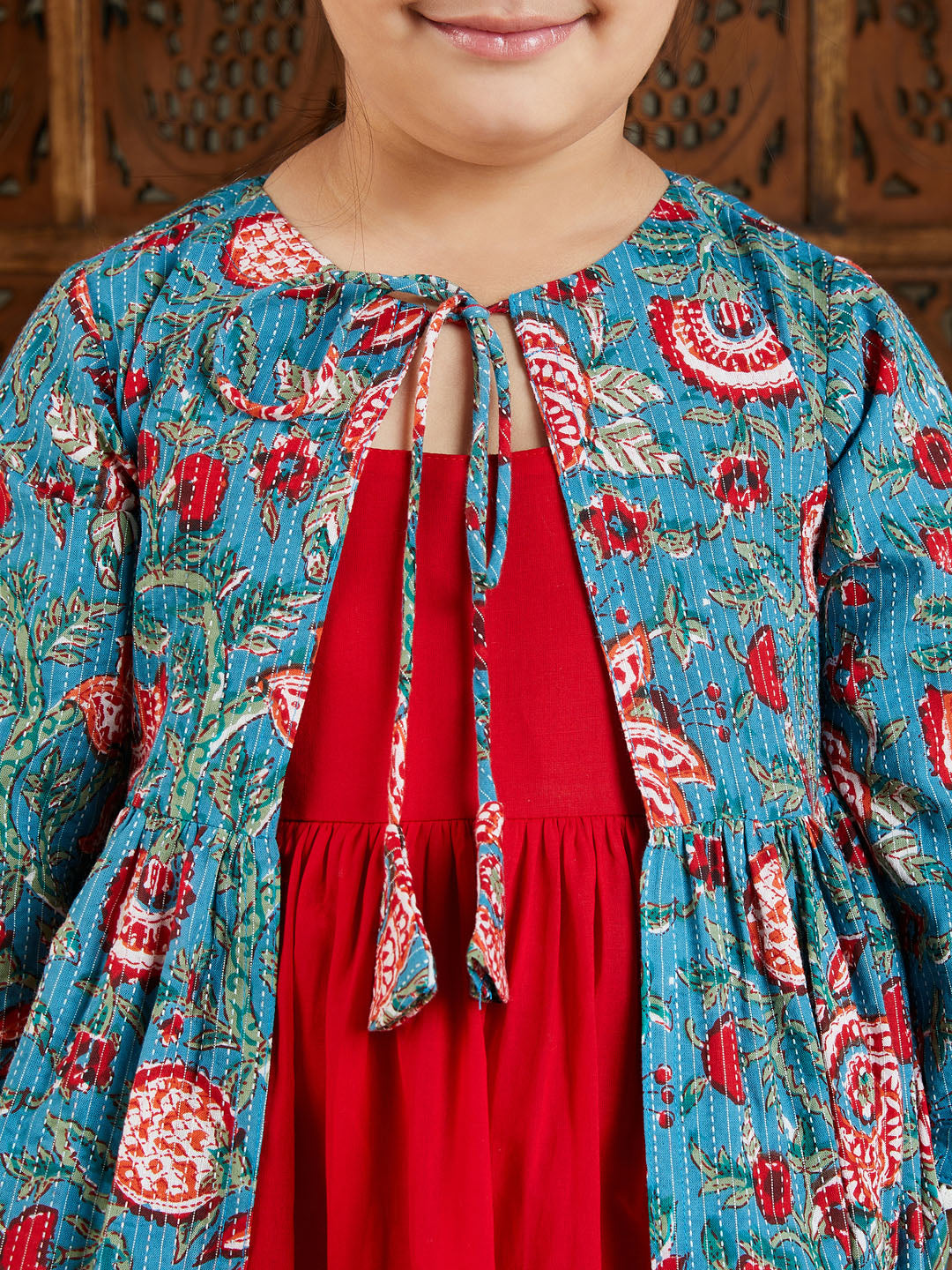 Girls Red Printed Kantha Work Cotton Dress With jacket