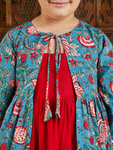 Girls Red Printed Kantha Work Cotton Dress With jacket