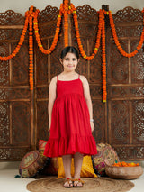 Girls Red Printed Kantha Work Cotton Dress With jacket