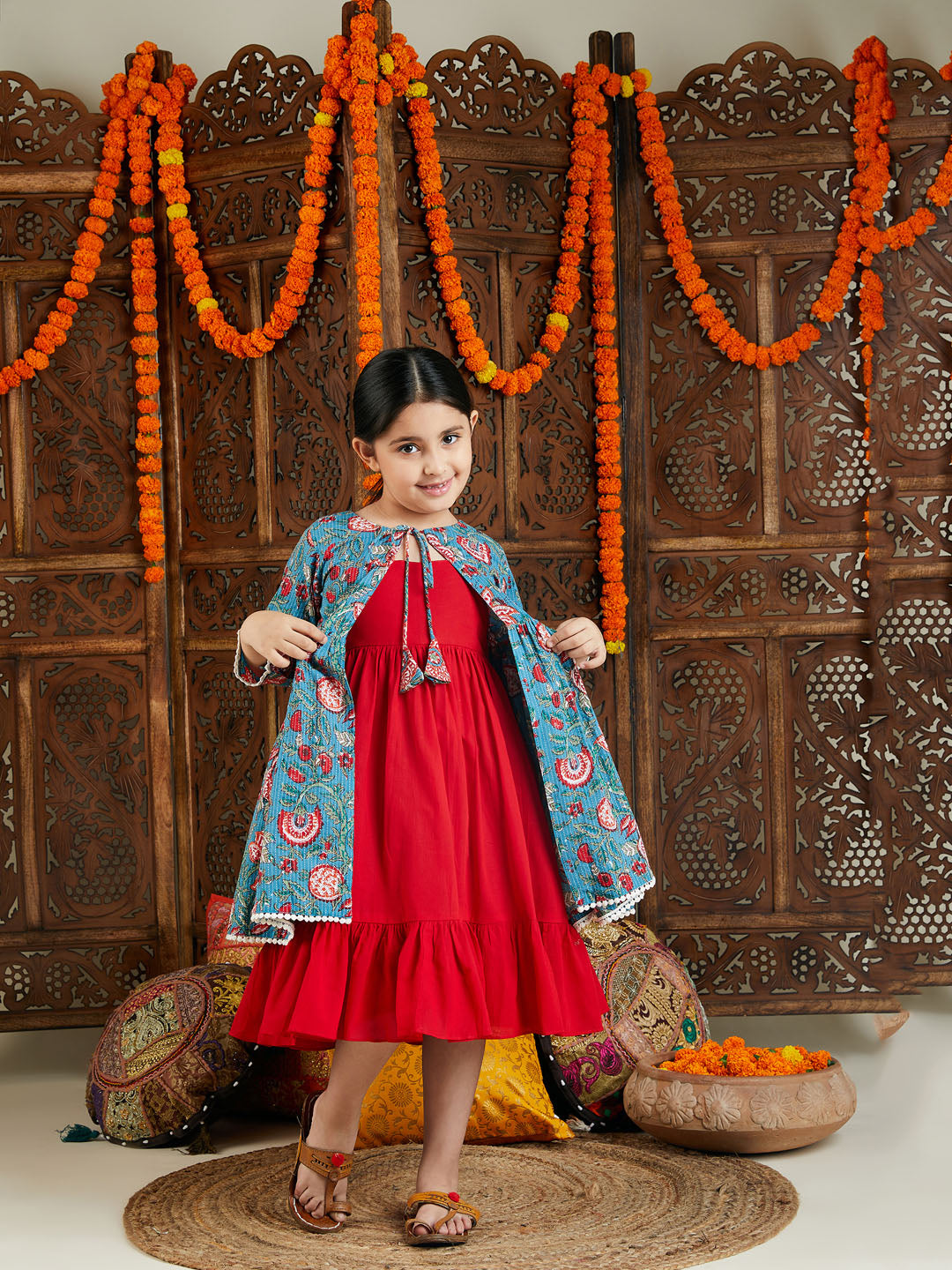 Girls Red Printed Kantha Work Cotton Dress With jacket