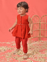 Girls Red Festive Solid Sleeveless Kurta with Pyjama