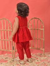 Girls Red Festive Solid Sleeveless Kurta with Pyjama