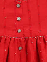Girls Red Festive Solid Sleeveless Kurta with Pyjama