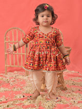 Girls Red Rayon Angrakha Pattern Patola Printed Dhoti Kurta Set