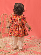 Girls Red Rayon Angrakha Pattern Patola Printed Dhoti Kurta Set
