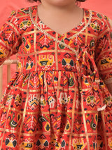 Girls Red Rayon Angrakha Pattern Patola Printed Dhoti Kurta Set
