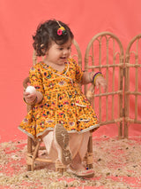 Girls Yellow Festive Printed Three Quarter Sleeves Kurta with Dhoti