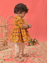 Girls Yellow Festive Printed Three Quarter Sleeves Kurta with Dhoti