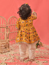 Girls Yellow Festive Printed Three Quarter Sleeves Kurta with Dhoti