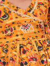 Girls Yellow Festive Printed Three Quarter Sleeves Kurta with Dhoti