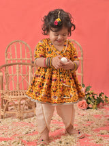 Girls Yellow Festive Printed Three Quarter Sleeves Kurta with Dhoti