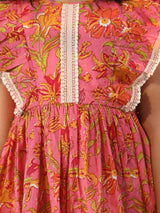 Girls Pink Cotton Floral Printed Flared Dress