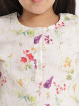 Girls White Festive Printed Three Quarter Sleeves Kurta with Pyjama