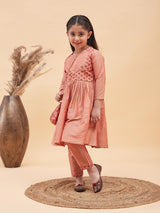 Girls Pink Viscose Anarkali Kurta Set with Complimentary Polti Bag