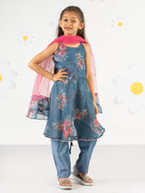 Girls Gray Festive Printed Sleeveless Kurta Set with Dupatta