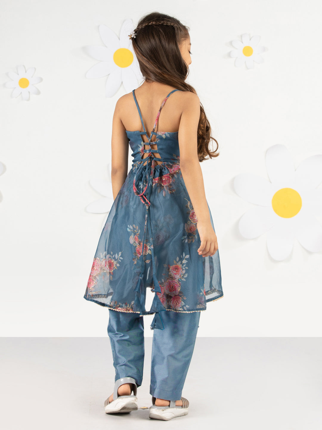 Girls Gray Festive Printed Sleeveless Kurta Set with Dupatta