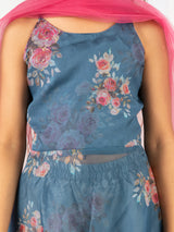 Girls Gray Festive Printed Sleeveless Kurta Set with Dupatta