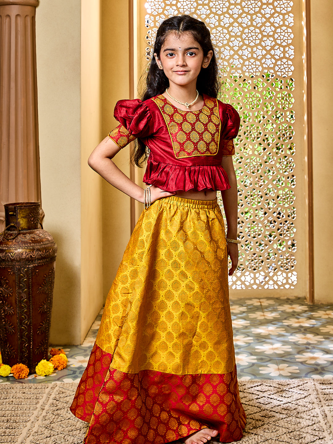 Girls Mustard And Maroon Jacquard Lehenga Set