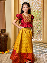 Girls Mustard And Maroon Jacquard Lehenga Set