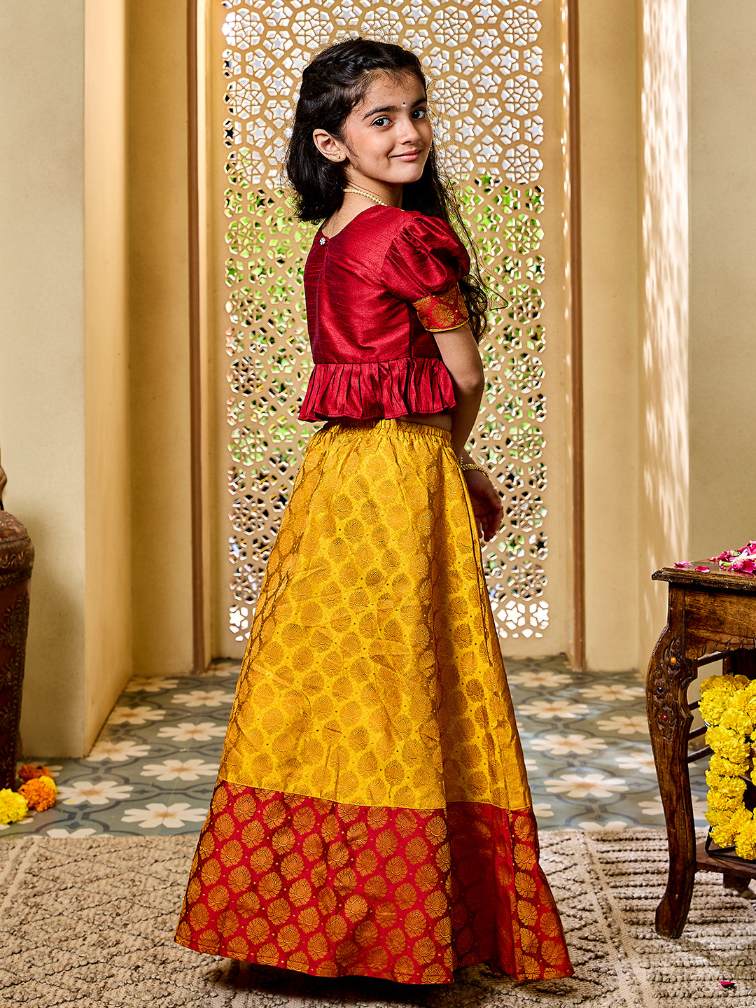 Girls Mustard And Maroon Jacquard Lehenga Set
