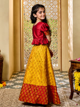 Girls Mustard And Maroon Jacquard Lehenga Set