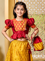 Girls Mustard And Maroon Jacquard Lehenga Set