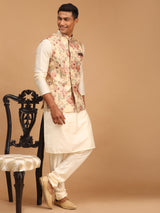 Men's Brown Floral Nehru Jacket with Solid Cream Kurta Pyjama Set