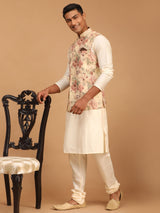 Men's Brown Floral Nehru Jacket with Solid Cream Kurta Pyjama Set