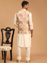 Men's Brown Floral Nehru Jacket with Solid Cream Kurta Pyjama Set