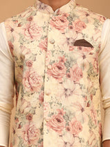 Men's Brown Floral Nehru Jacket with Solid Cream Kurta Pyjama Set