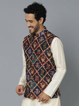 Men's Purple Muslin Sequinned Patola Printed Navratri Special Nehru Jacket